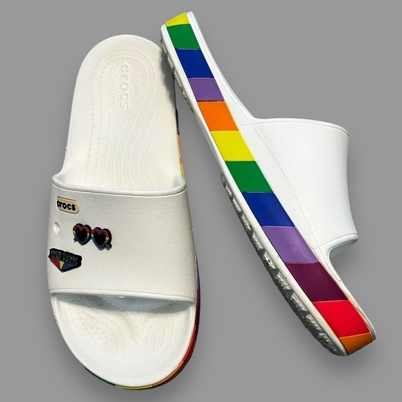 Crocs Crocband III Rainbow Block Pride Slide Sandals 5 jibbitz White M7/W9 - Picture 1 of 12
